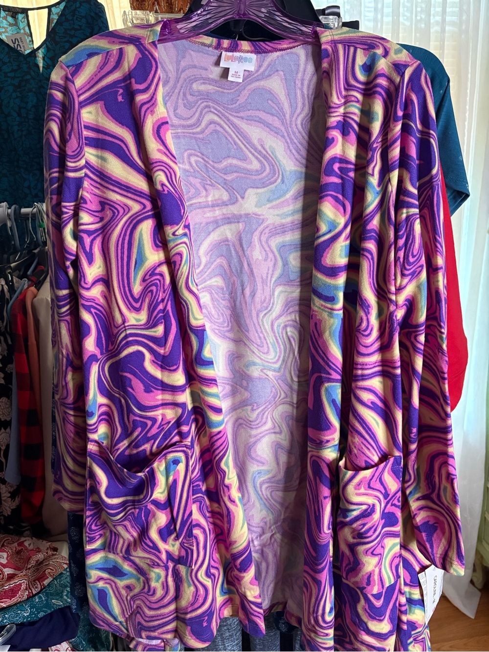 LuLaRoe Purple Pink Yellow Swirl Cardigan